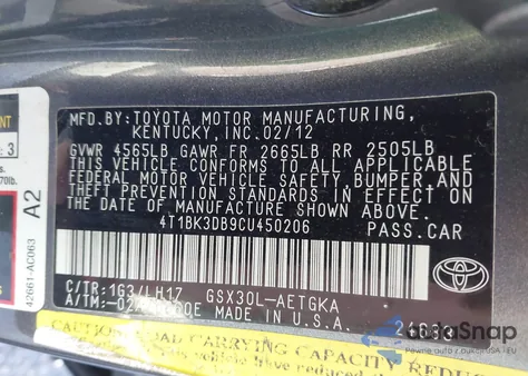 2012 Toyota Avalon Base z USA, uszkodzony, nr VIN 4T1BK3DB9CU450206